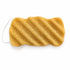 Mustard yellow konjac body sponge featuring textured diagonal ridges and a white hanging string.