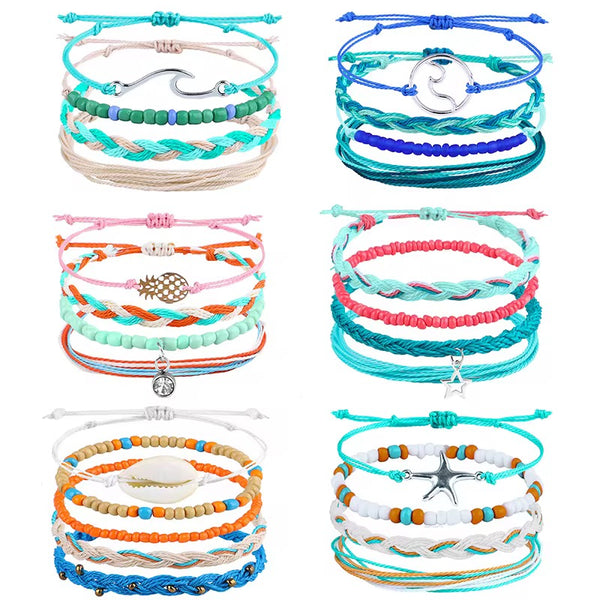 Waxed Cord Beaded Summer Boho Bracelet Sets