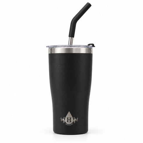 Heritage 20 oz insulated tumbler in matte black with lid and stainless steel straw, wholesale