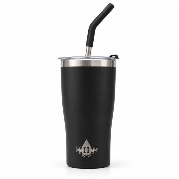 Heritage 20 oz insulated tumbler in matte black with lid and stainless steel straw, wholesale