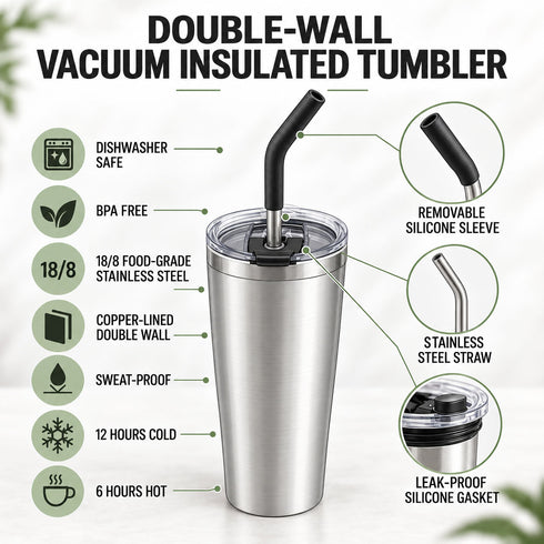 Heritage tumbler features: dishwasher safe, BPA-free, 18/8 stainless steel, copper-lined double wall, sweat-proof, 12 hours cold, 6 hours hot