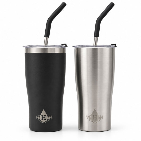 Heritage 20 oz insulated tumbler set of 2 in matte black and brushed steel with straws, wholesale