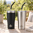 Black and brushed steel Heritage tumblers with straws on a patio table