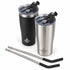 Heritage tumblers with flip-back spout lids open, beside two stainless steel straws with silicone tips