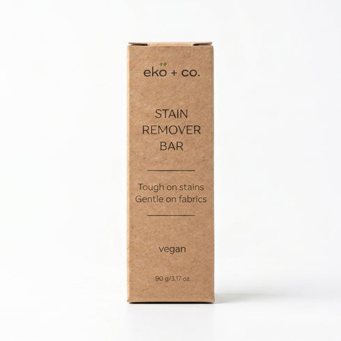 eko + co. Stain Remover Bar kraft box front panel showing vegan and ingredient claims