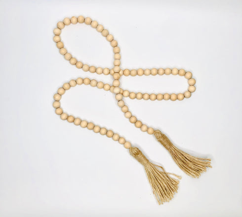 natural wood bead garland with cotton tassels decor (long)