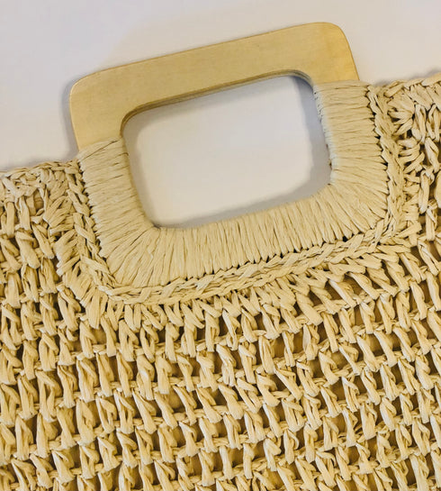 handmade woven straw tote with wooden handles | o'ahu wholesale