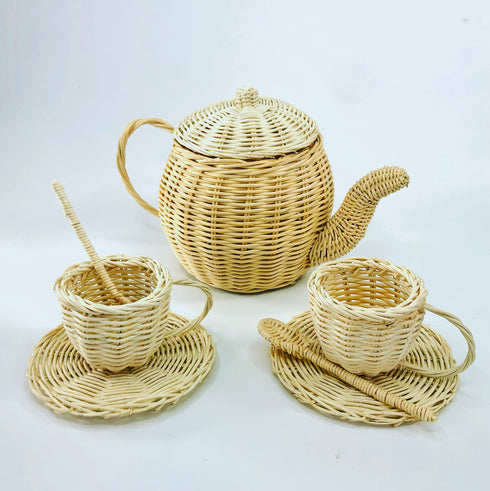 handmade white natural rattan tea set pretend boho toy