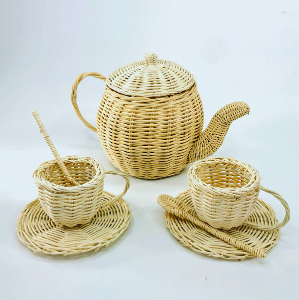 handmade white natural rattan tea set pretend boho toy