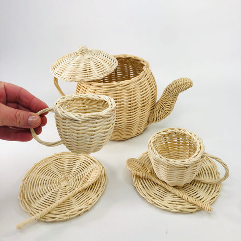handmade white natural rattan tea set pretend boho toy