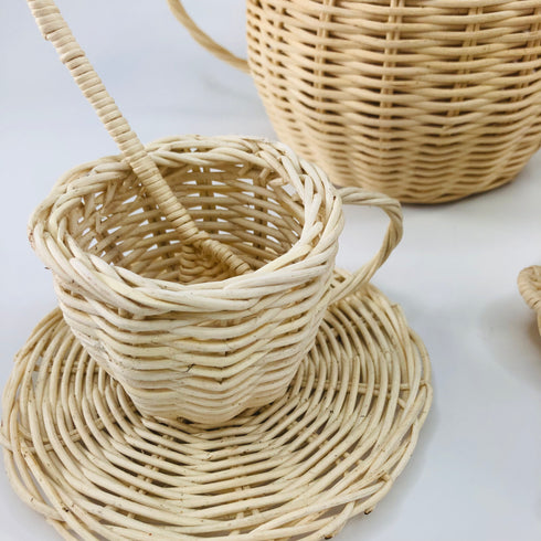 handmade white natural rattan tea set pretend boho toy