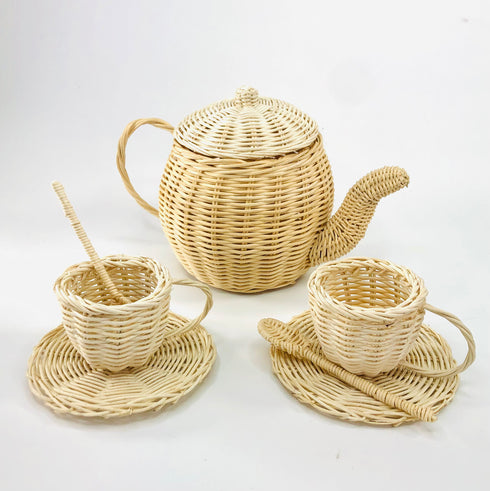 handmade white natural rattan tea set pretend boho toy